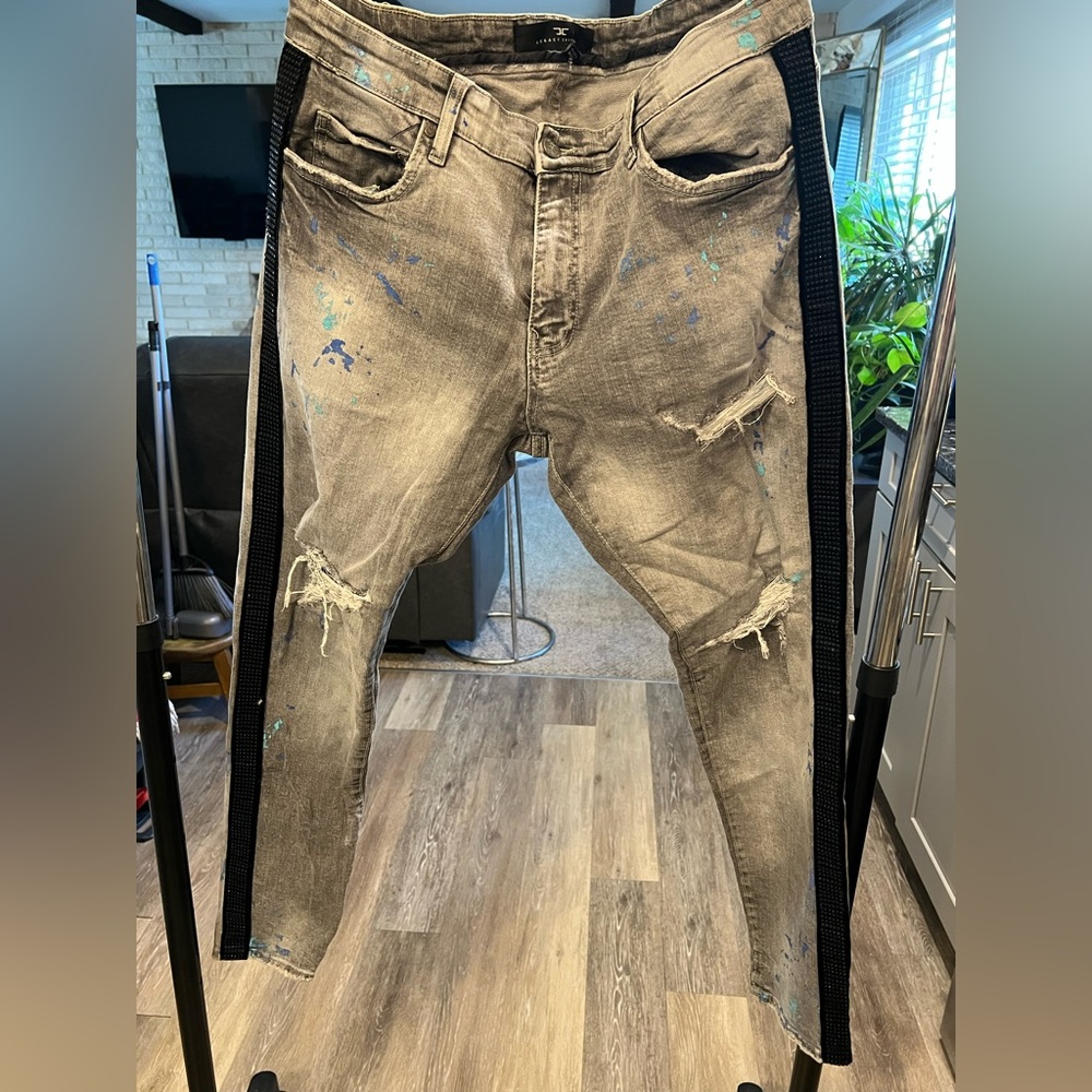 Men Gray Jeans, black rhinestones down both legs